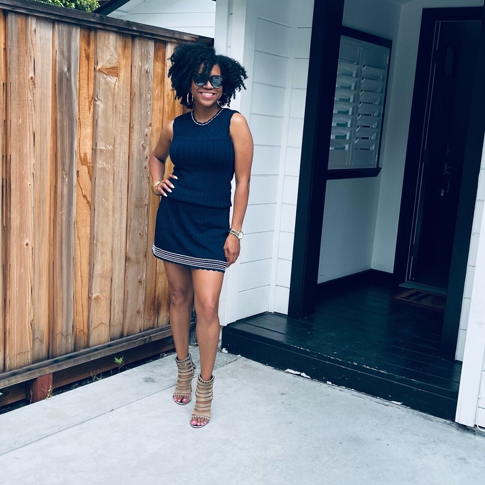 Shoshanna navy knit dress with crochet detail